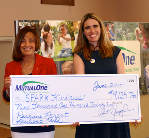 Rachel Stewart (left), administrative director of the Charitable Foundation, delivering the ceremonial check to Christine Fortune Guthery, president and board member, SPARK Kindness.