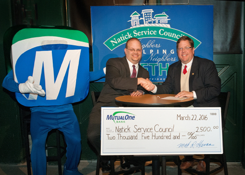 Natick Service Council telethon includes $2,500 pledge from MutualOne Bank MutualOne Bank pledged $2,500 to the Natick Service Council during that organization’s recent telethon. Pictured with “Mo”, the Bank’s mascot, are (l-r) Greg Kennedy, MutualOne Bank vice president retail banking and Natick Service Council Board Member Andrew Meyer.