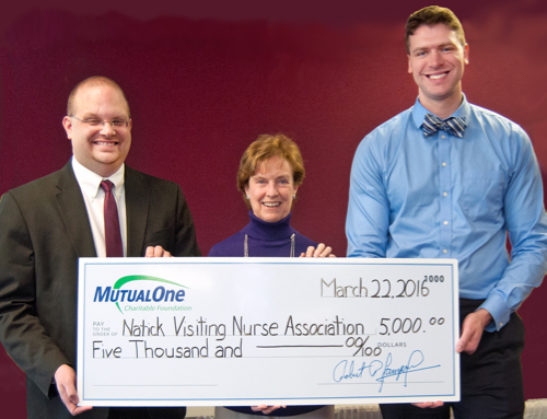 Natick Visiting Nurse Association receives $5,000 grant from MutualOne Bank. Shown celebrating the MutualOne Bank Charitable Foundation’s $5,000 donation are: (l-r) Greg Kennedy, MutualOne Bank vice president retail banking; Judith Boyko, Natick VNA CEO; and Michael Carey, learning and development coordinator at MutualOne Bank.