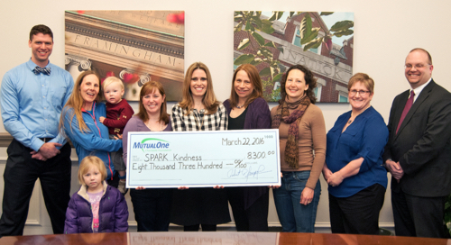 SPARK Kindness receives $8,300 grant for speaker series SPARK Kindness leaders, board members and volunteers celebrate the MutualOne Foundation’s $8,300 grant: (center) SPARK Kindness President Christine Fortune Guthery; (far left) Michael Carey, MutualOne Bank; and (far right) Greg Kennedy, MutualOne Bank vice president retail banking.