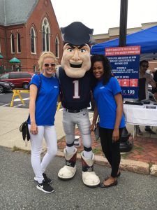 MutualOne Bank employees with Pat the New England Patriots' mascot at Natick Days