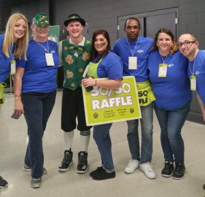 MutualOne Bank employees with Lucky, Boston Celtics mascot at TD Garden