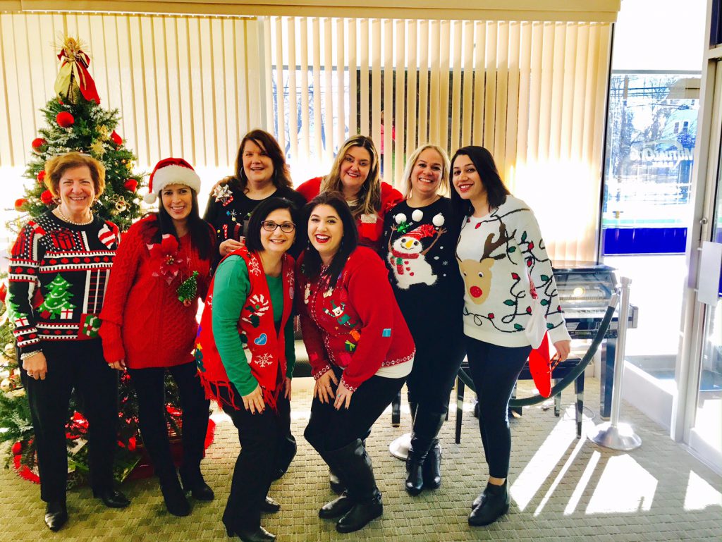 MutualOne Bank employees in their ugly sweaters