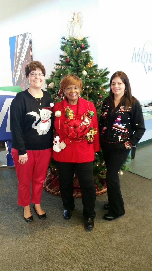 MutualOne Bank employees in their ugly sweaters