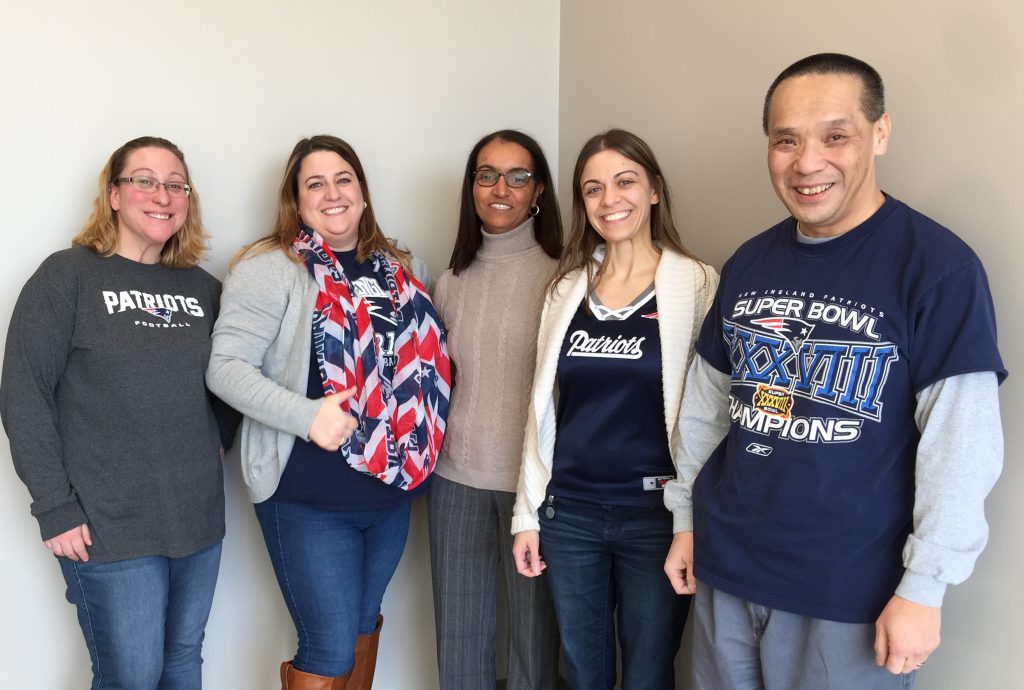 MutualOne Bank employees wearing New England Patriots spirit-wear