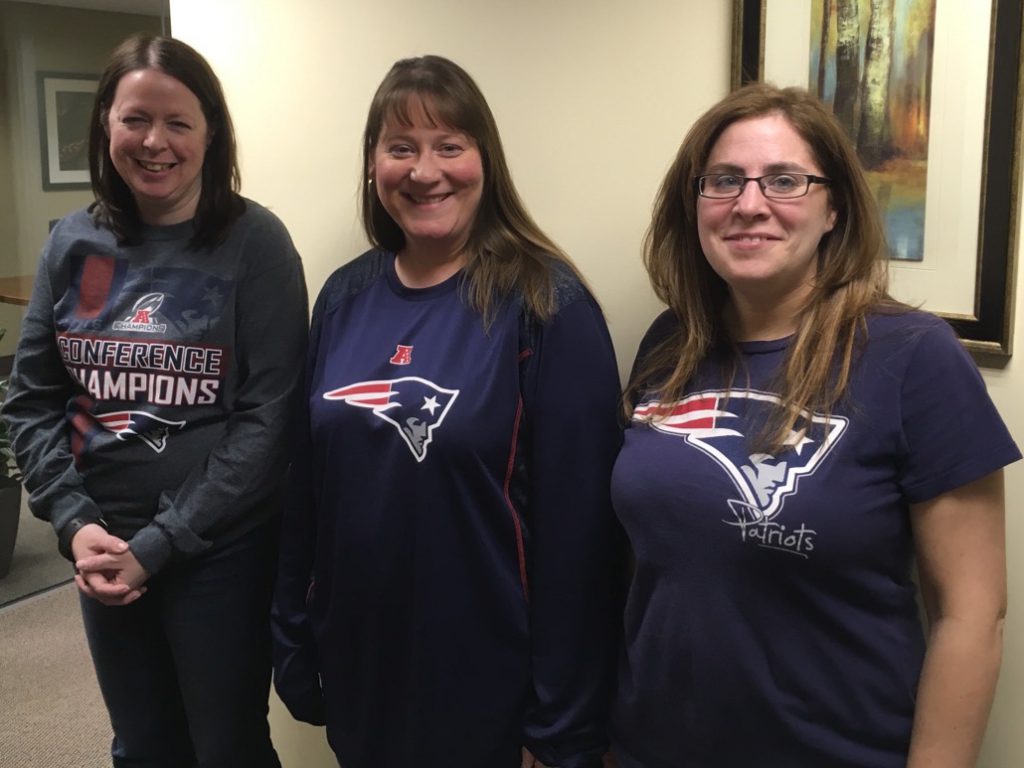MutualOne Bank employees wearing New England Patriots spirit-wear