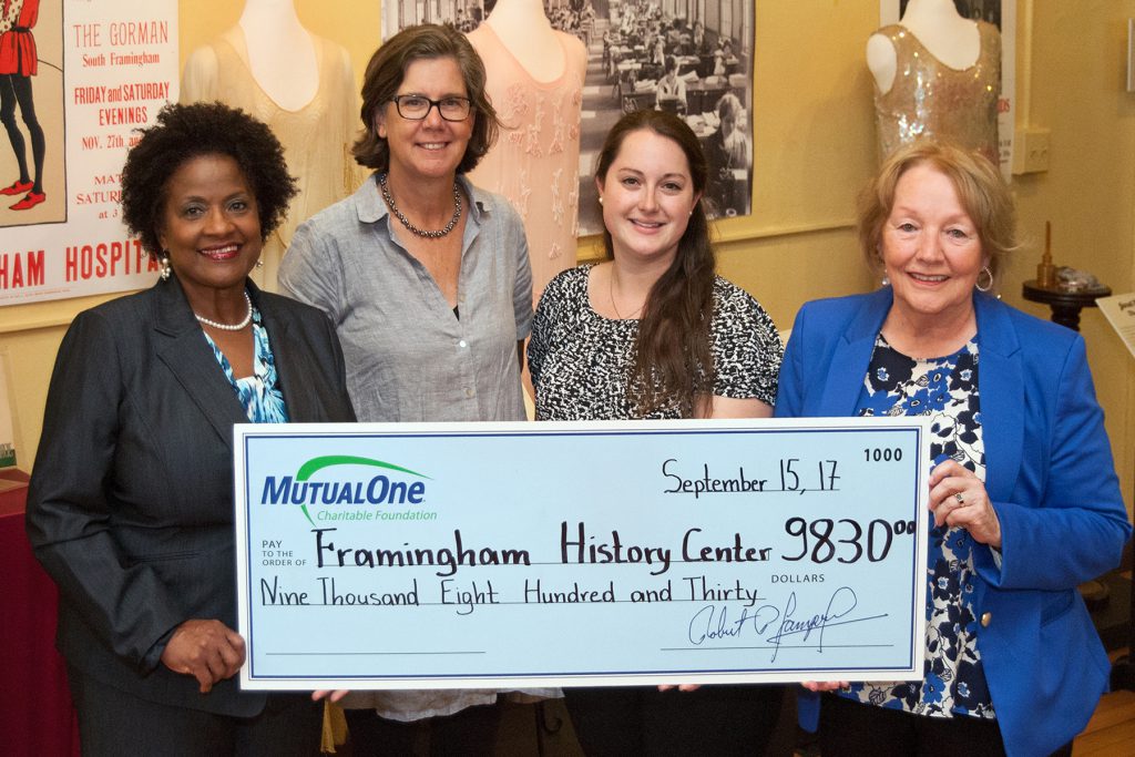 Framingham History Center Jean Hoskins, manager of MutualOne Bank’s Lincoln Street, Framingham office; Framingham History Center Executive Director Annie Murphy; Laura Stagliola, museum assistant & education coordinator at Framingham History Center; and Susan Acton, MutualOne Charitable Foundation board member.