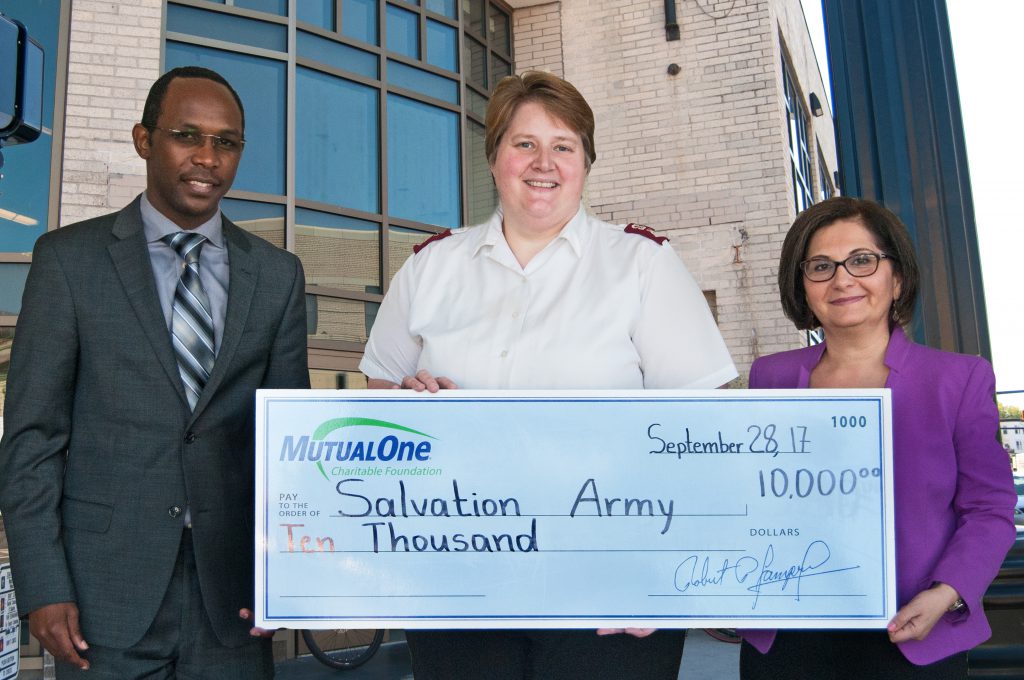 Celebrating MutualOne Charitable Foundation’s recent grant to support the Framingham Corps of the Salvation Army are (l-r) Yves Munyankindi, MutualOne Bank’s retail support & charitable foundation administrator; Major Lynnann Rivers, Corps officer at The Salvation Army, Framingham location; and Yasmine Ouweijan, assistant vice president and branch manager at MutualOne Bank’s Concord Street, Framingham office.