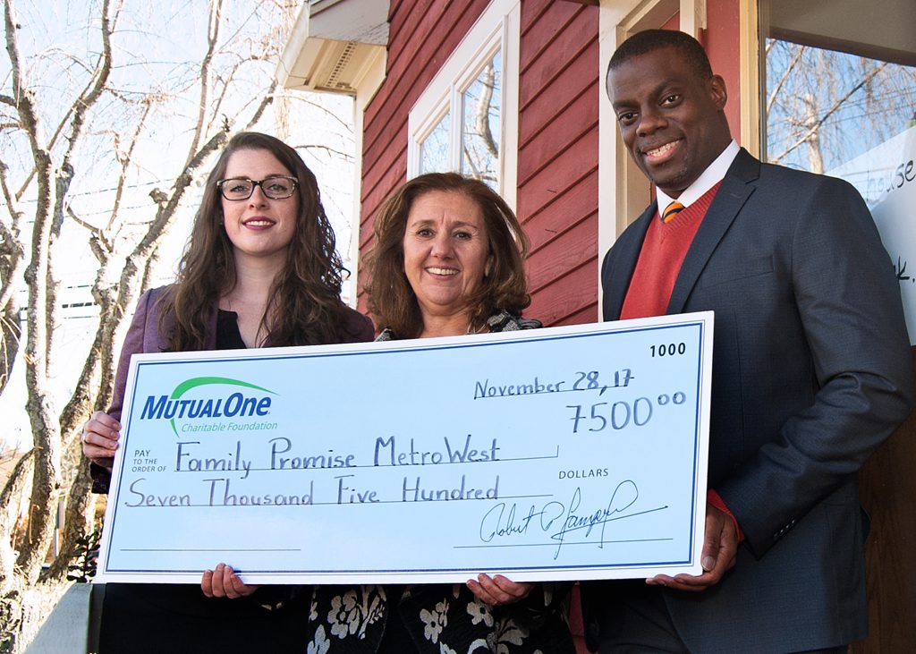 Celebrating the MutualOne Charitable Foundation’s $7,500 grant to Family Promise Metrowest are (l-r) Kimberly L. Tyler, MutualOne Bank assistant vice president & assistant controller; Family Promise Metrowest Executive Director Sue Crossley; and Mobolaji Omisore, MutualOne Bank’s Natick office manager.