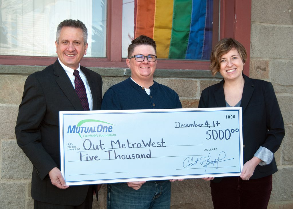 Celebrating the MutualOne Foundation’s recent $5,000 grant to OUT MetroWest are (l-r) Steve Sousa, MutualOne Bank executive vice president & COO; OUT MetroWest Interim Executive Director Sawyer Bethel; and Julie Blazar, director of communications and operations at OUT MetroWest.