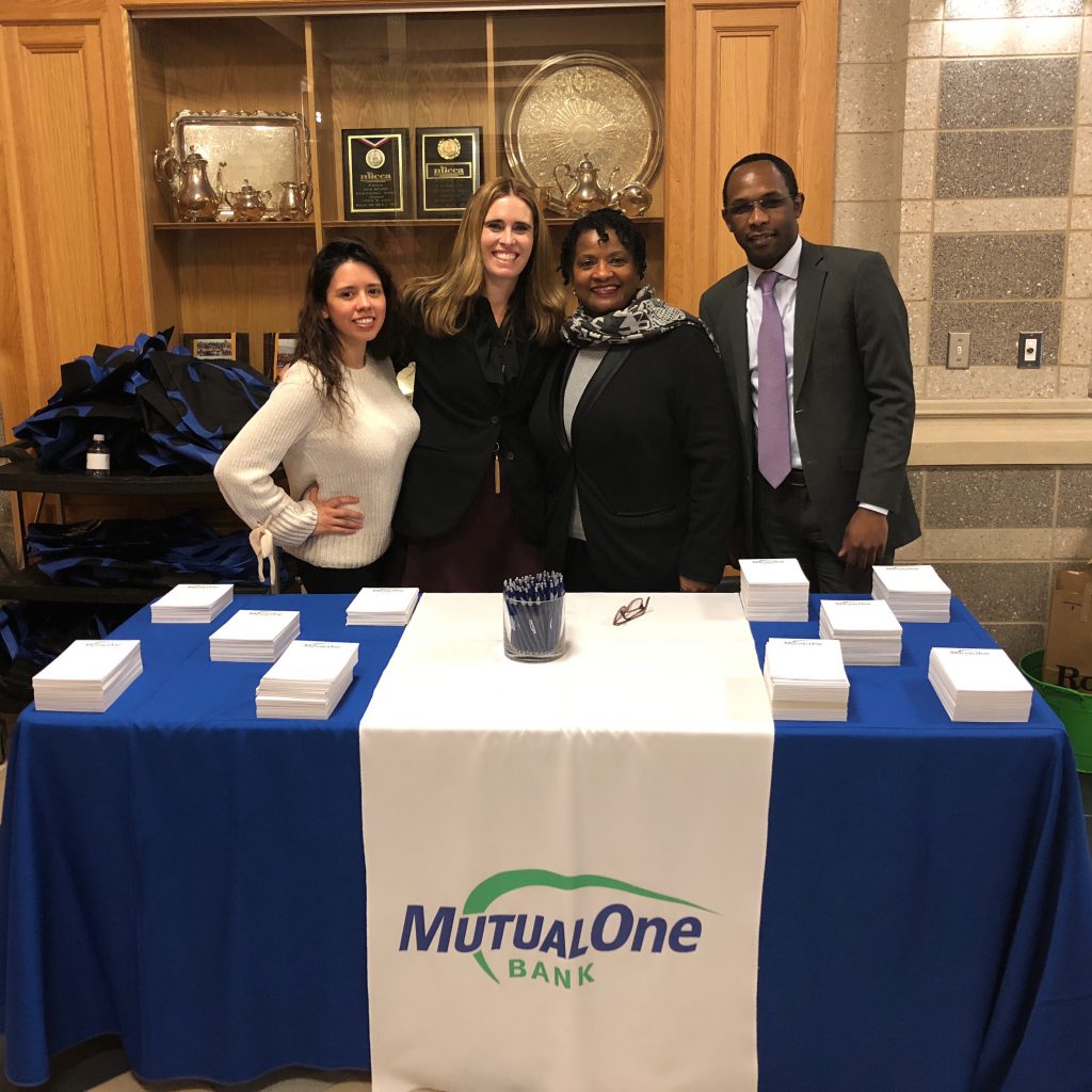 From left to Right: Gabriela Bonina, Senior Account Representative at MutualOne Bank; Christine F. Guthery, Founder & Executive Director of Spark Kindness; Jean Hoskins, Branch Manager at MutualOne Bank & Yves Munyankindi, Retail Support and Charitable Foundation Administrator.