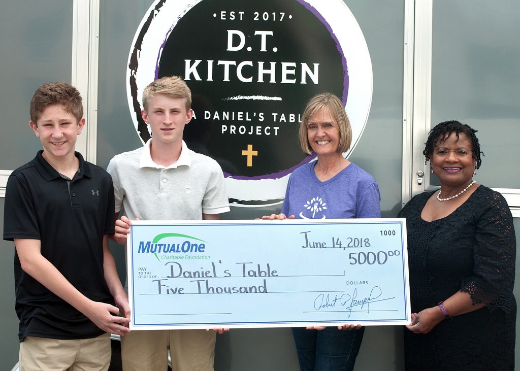 Celebrating MutualOne Charitable Foundation’s $5,000 grant to Daniel’s Table are (l-r) Kevin Rosoff and Jake Rymsza, volunteers at Daniel’s Table; Alicia Blais, co-founder of Daniel's Table; and Jean Hoskins, manager at MutualOne Bank’s Lincoln Street, Framingham office.