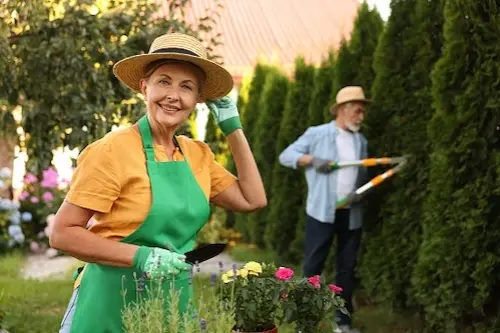 Two retirees gardening