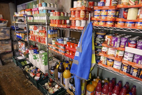 Shelves within a food pantry.