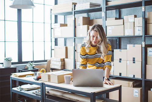 Woman working at a computer.